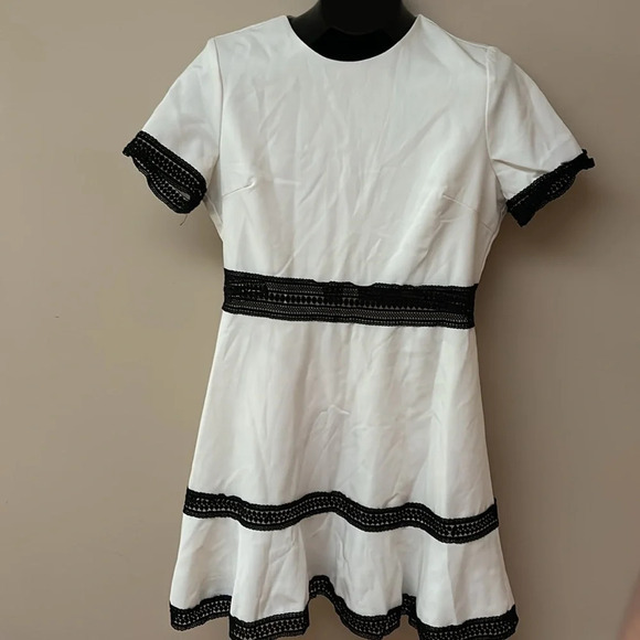 Aqua  white black lace trim loose fur A line mini dress - Picture 12 of 12